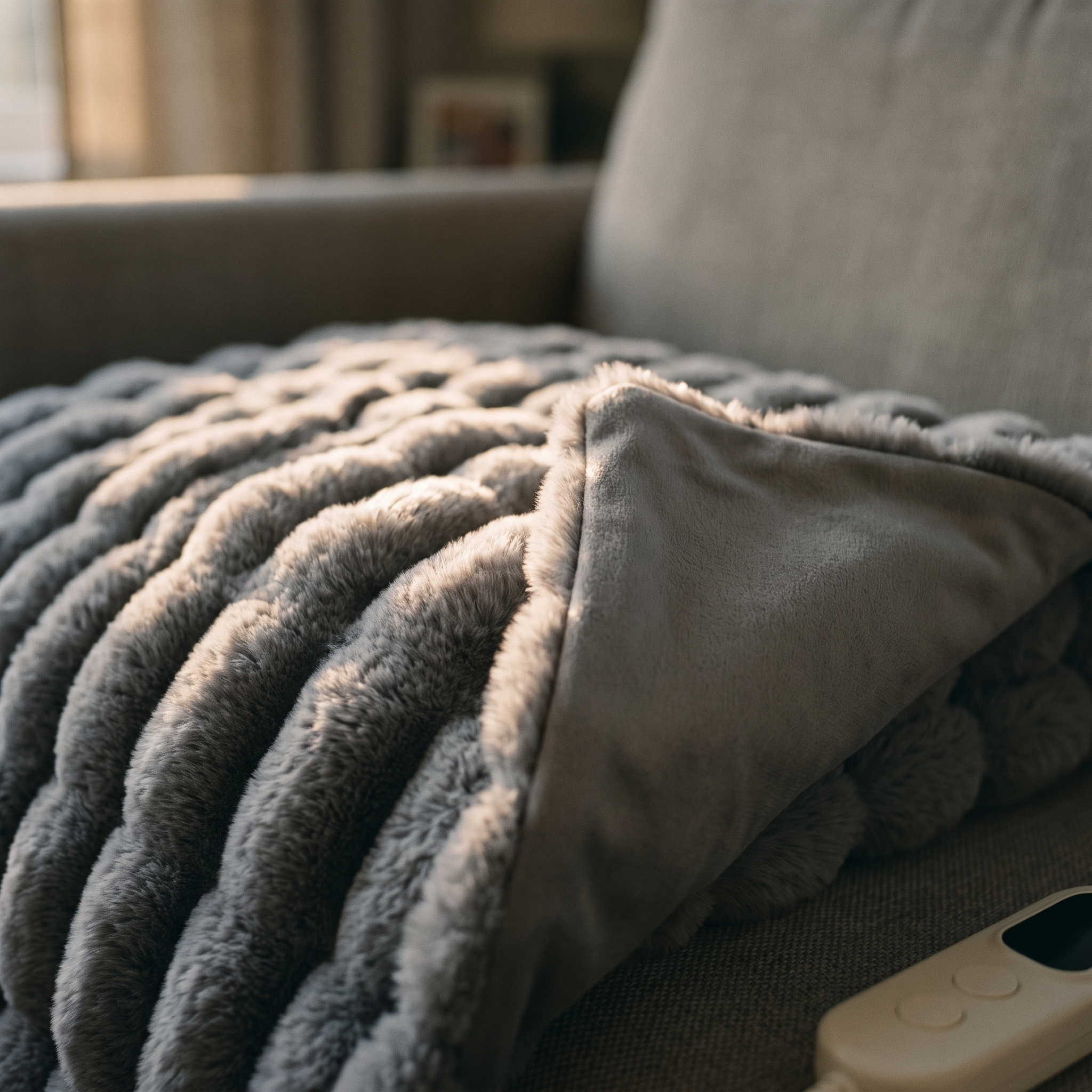 
              Close view of the Morven Wrap showing faux fur on one side and brushed flannel on the other
            