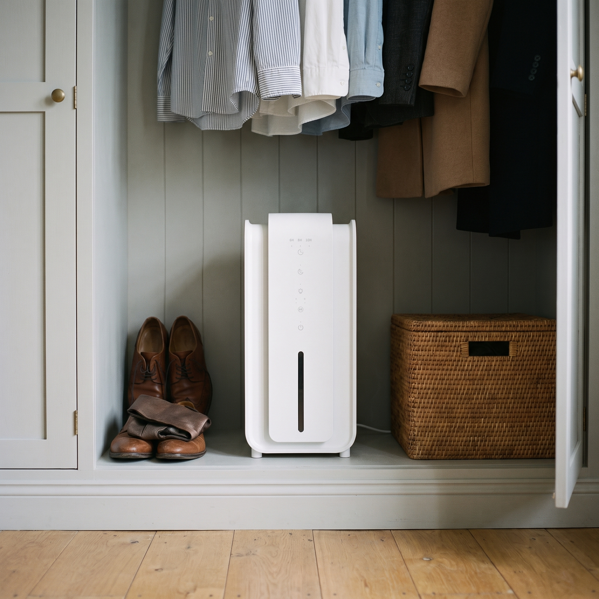 
              Morven Sprig dehumidifier tucked into the base of an open wardrobe
            