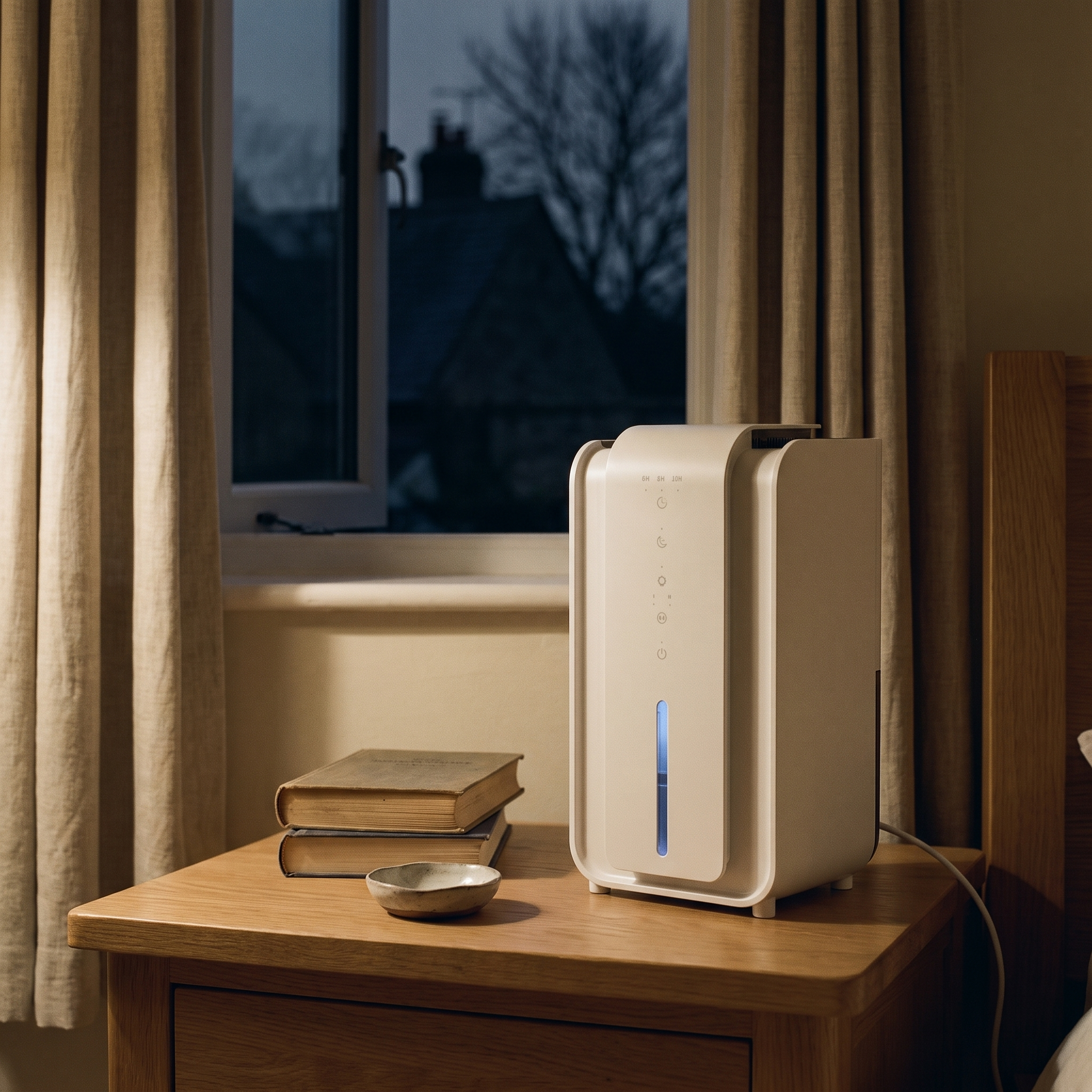 
              Morven Sprig dehumidifier on a bedside table at night
            