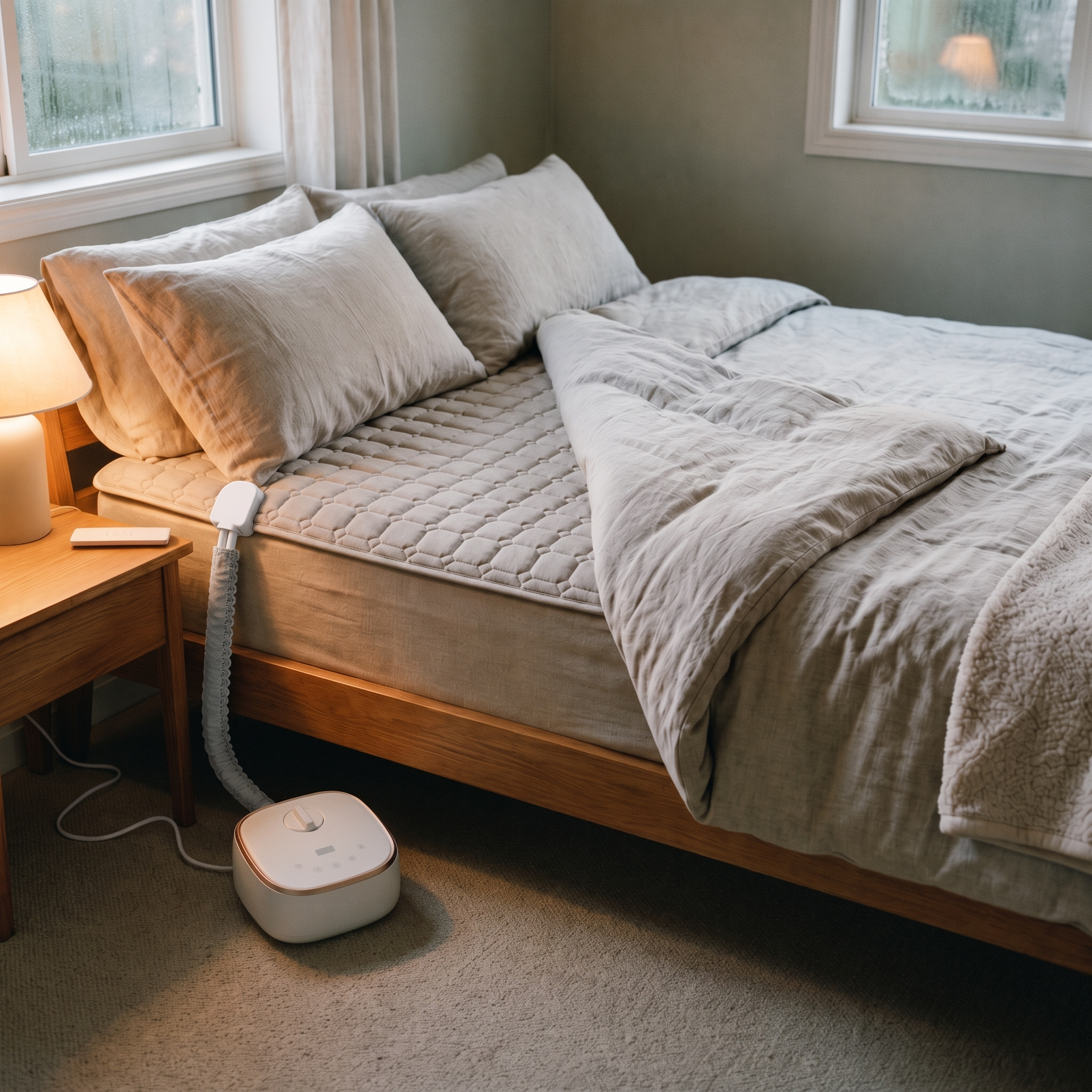 
              Morven Rest heated mattress pad fitted to a bed, its control unit beside it on the floor
            