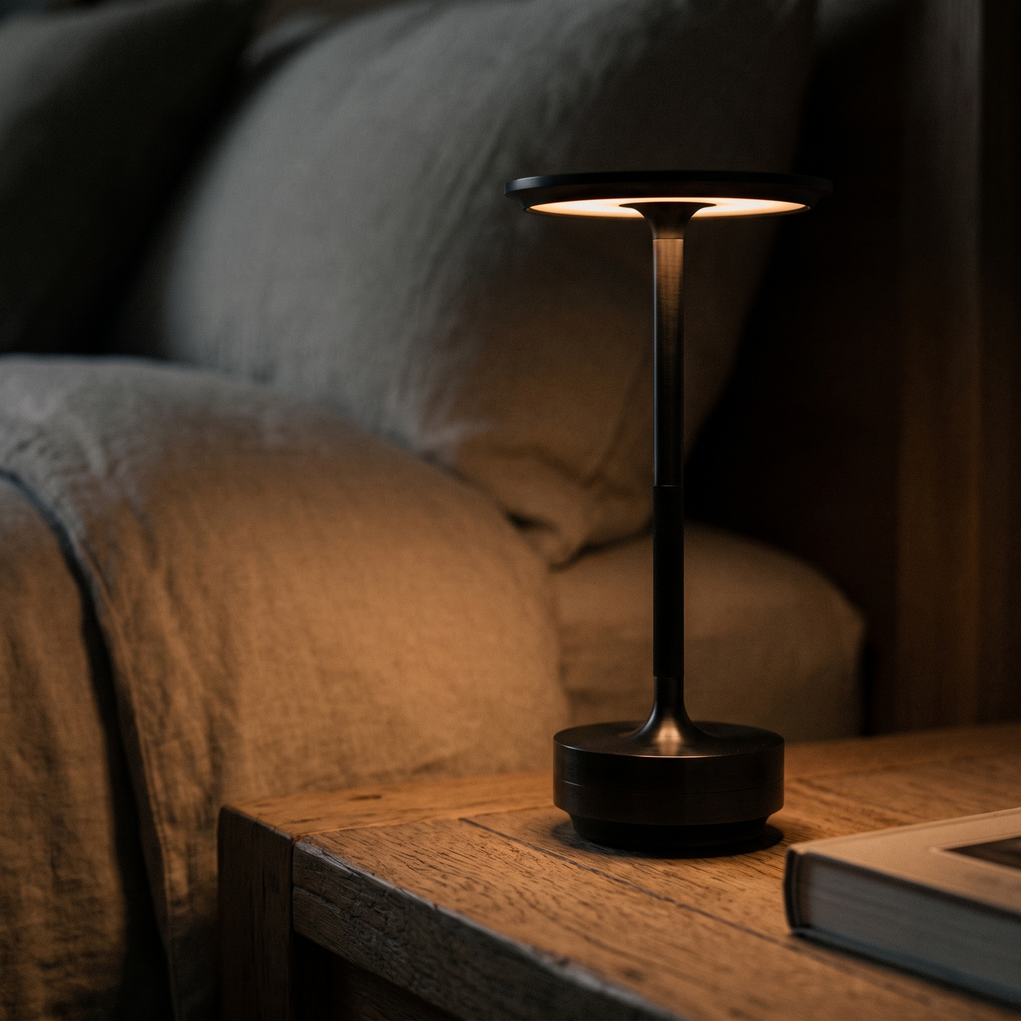 
              Close view of the Morven Beam on a bedside table, dimmed to a warm evening setting
            