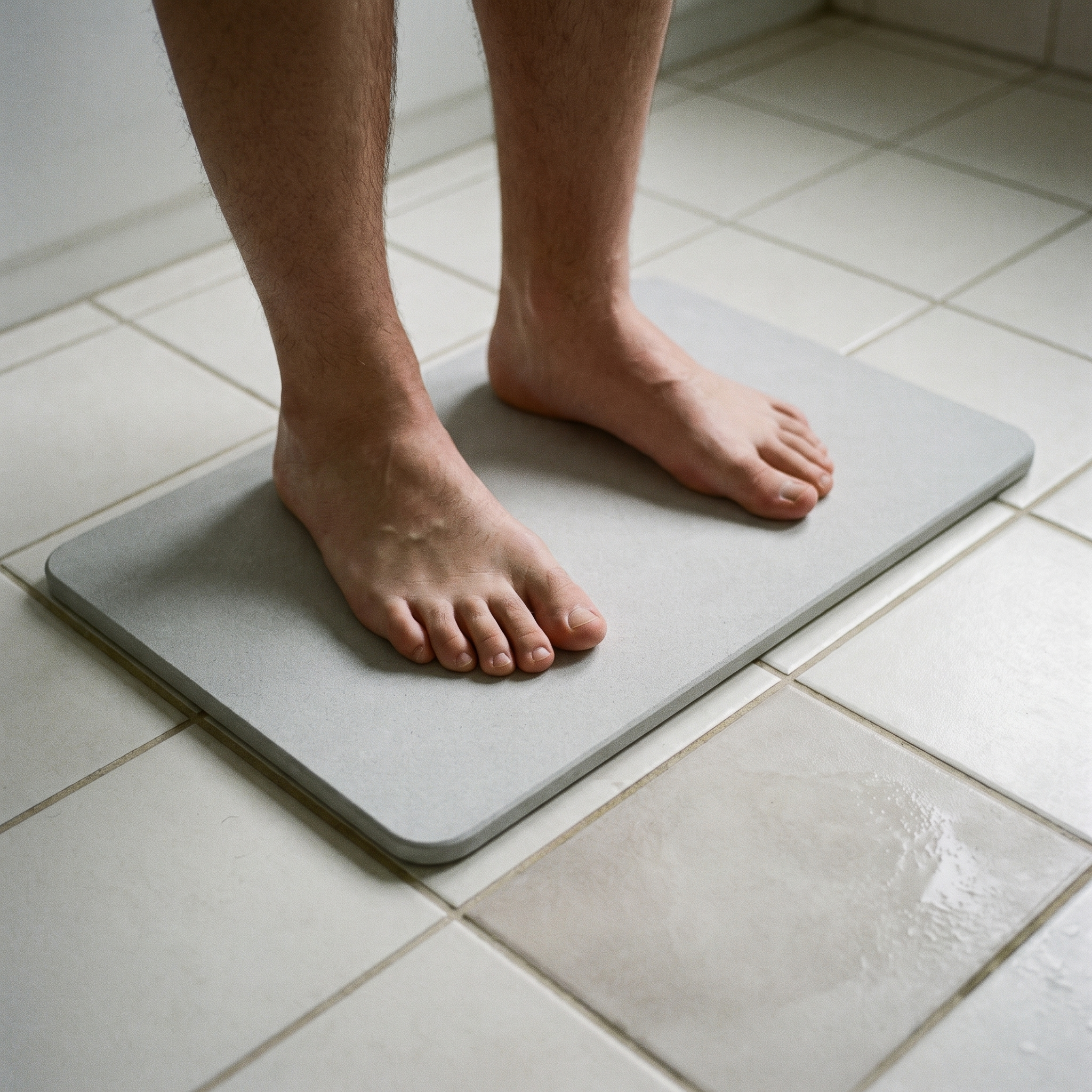 
              Bare feet standing on the Morven Cairn bath mat, the mat flat and still on the tiles
            