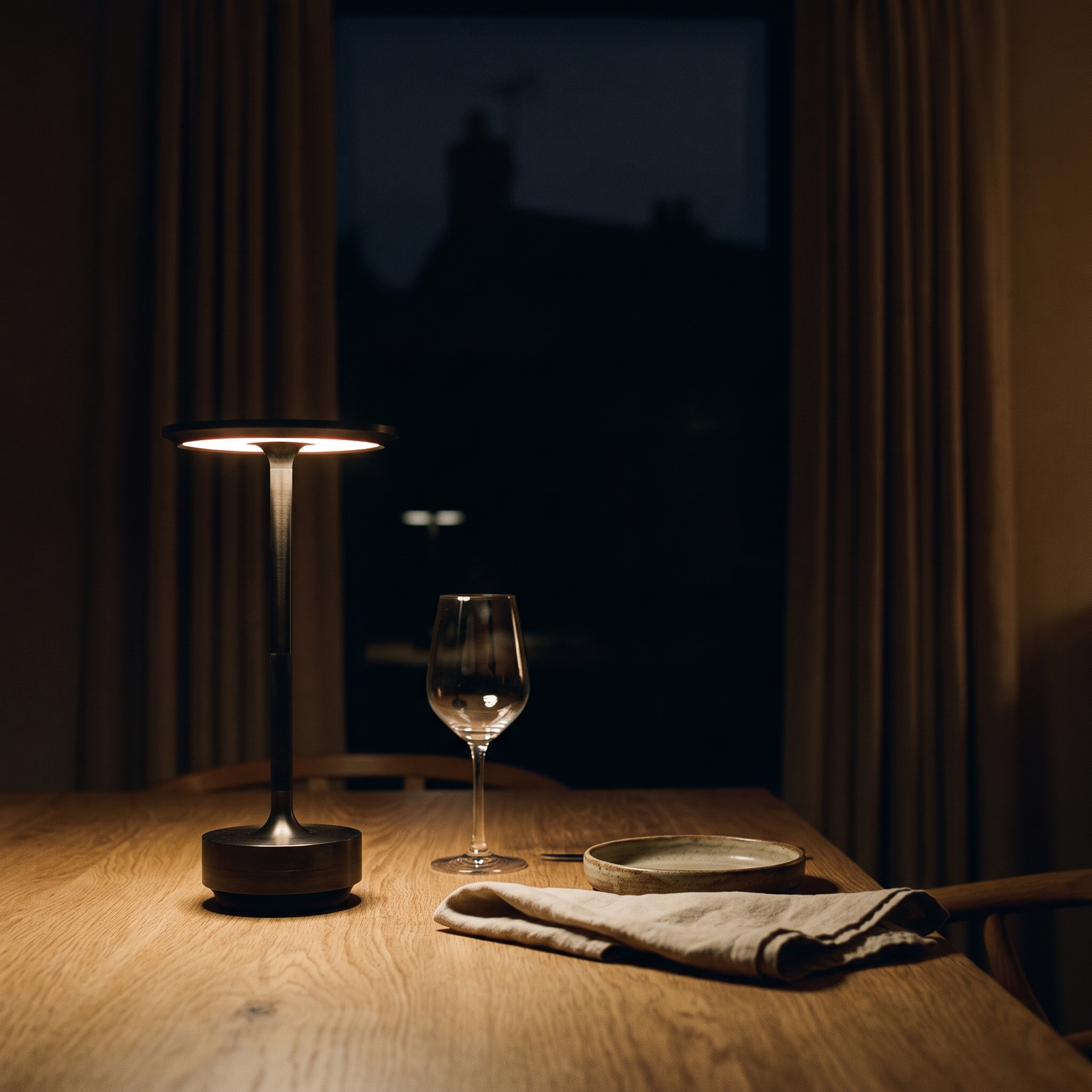 
              Morven Beam cordless lamp lighting a dining table after dark, no cable anywhere
            