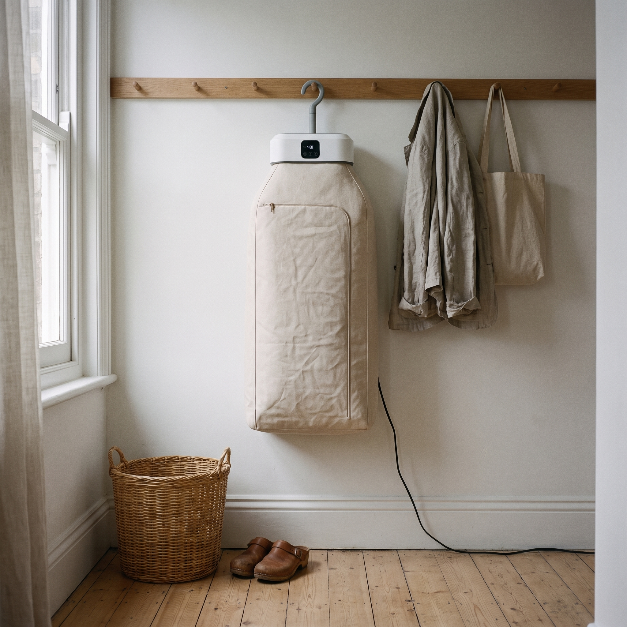 
              Morven Swathe clothes dryer hanging from a hallway rail with laundry inside
            
