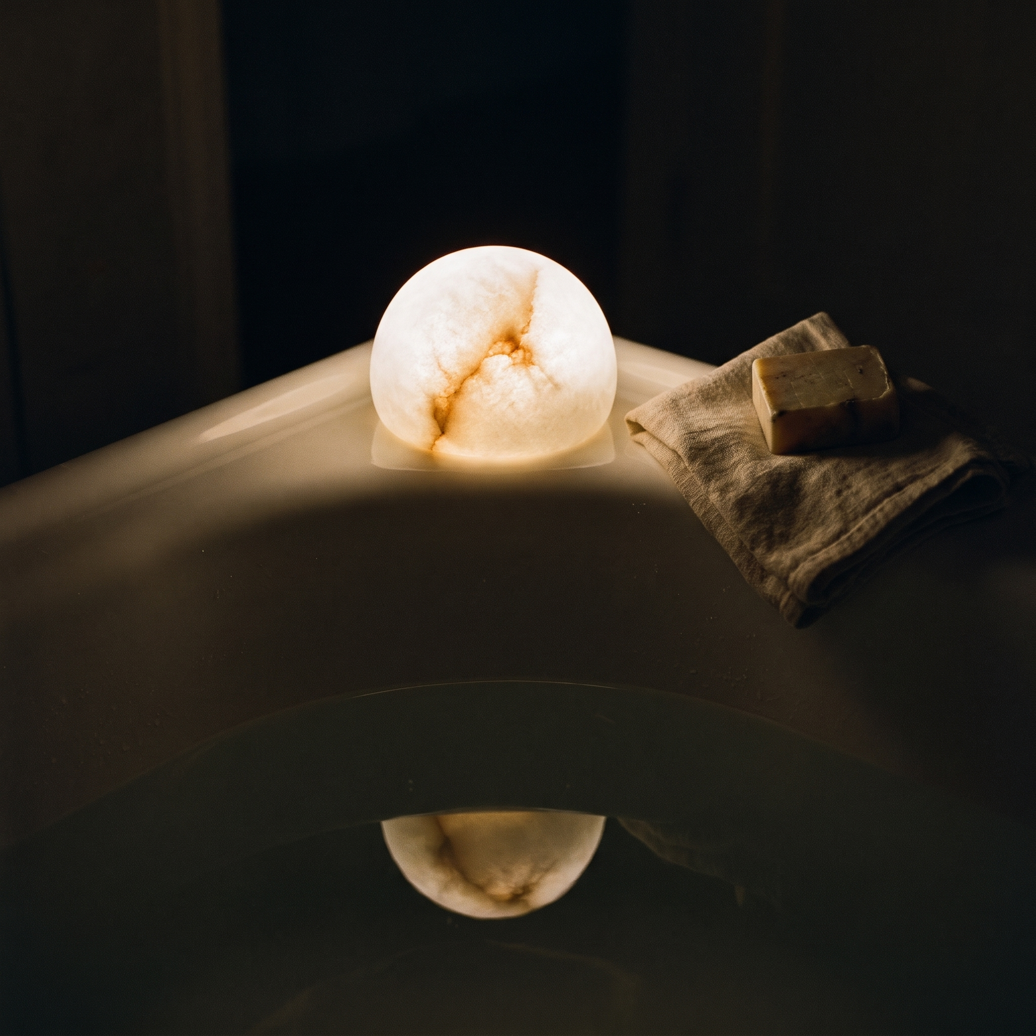 
              Morven Opaline sitting on the edge of a bath, palm sized
            