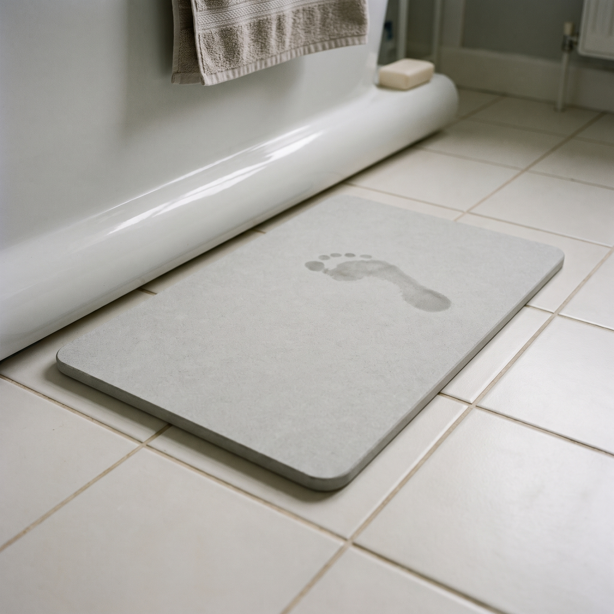 
              Morven Cairn diatomite bath mat on a tiled bathroom floor, a damp footprint fading into the stone
            