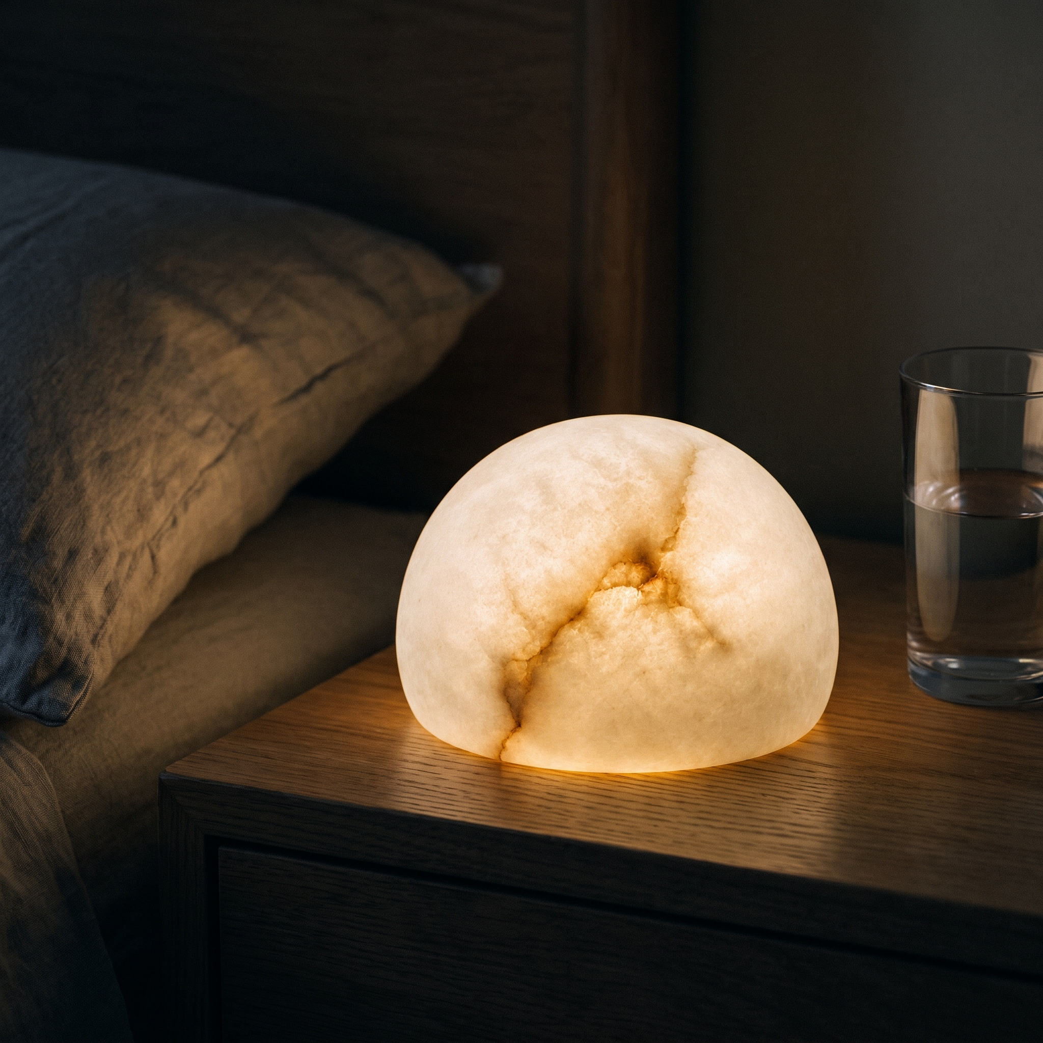 
              Morven Opaline alabaster lamp glowing on a bedside table, light coming through the stone
            