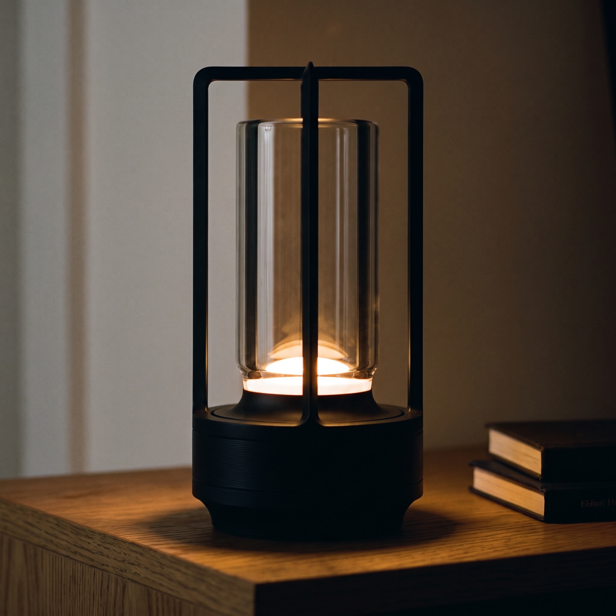 
              Close view of the Morven Lantern on a hallway shelf, dimmed low
            
