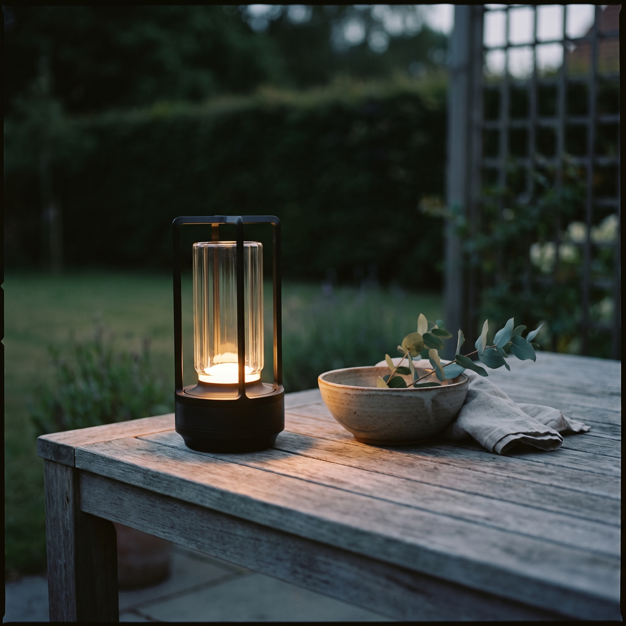 
              Morven Lantern lit on a garden table at dusk, cordless and portable
            
