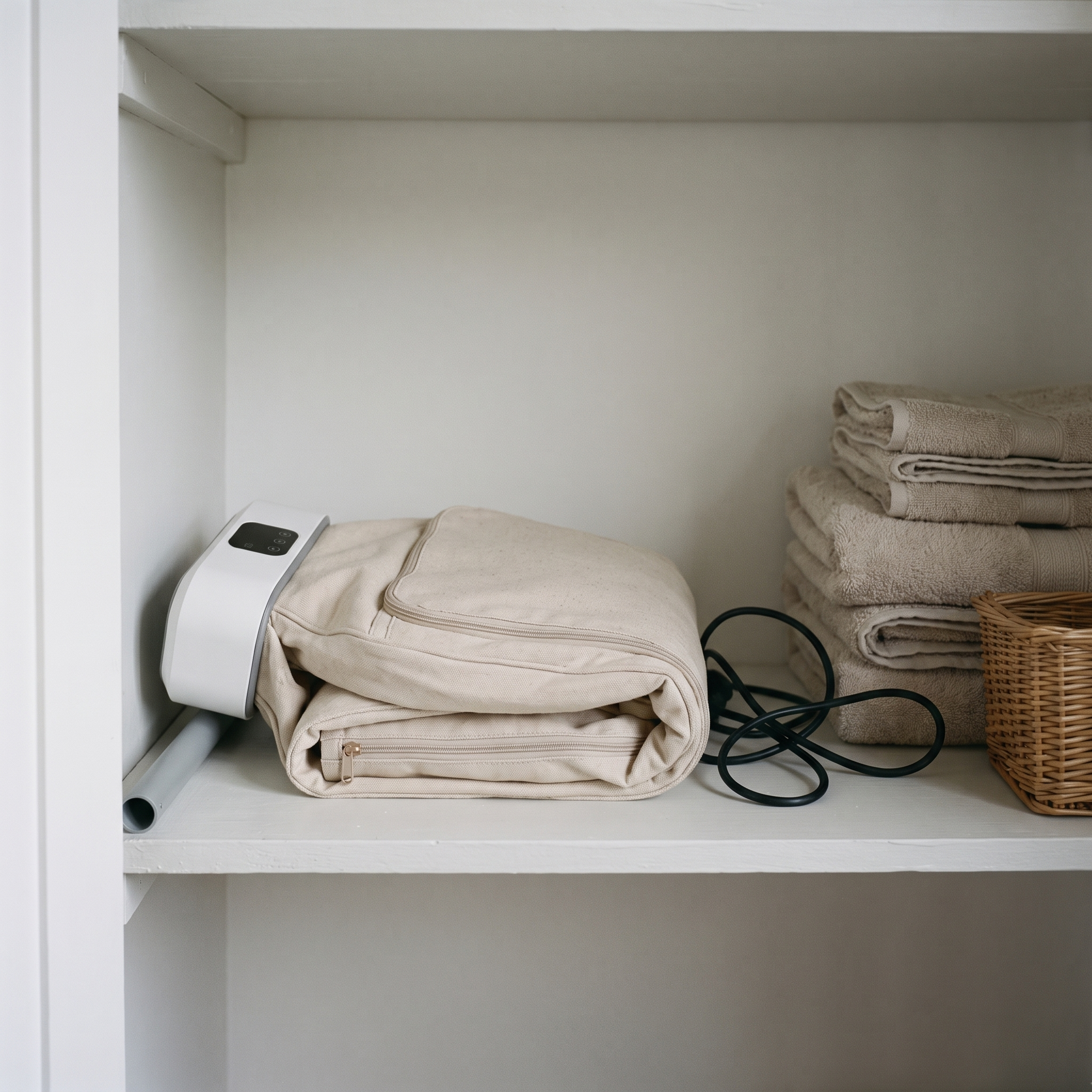 
              Morven Swathe clothes dryer folded flat on an airing cupboard shelf
            