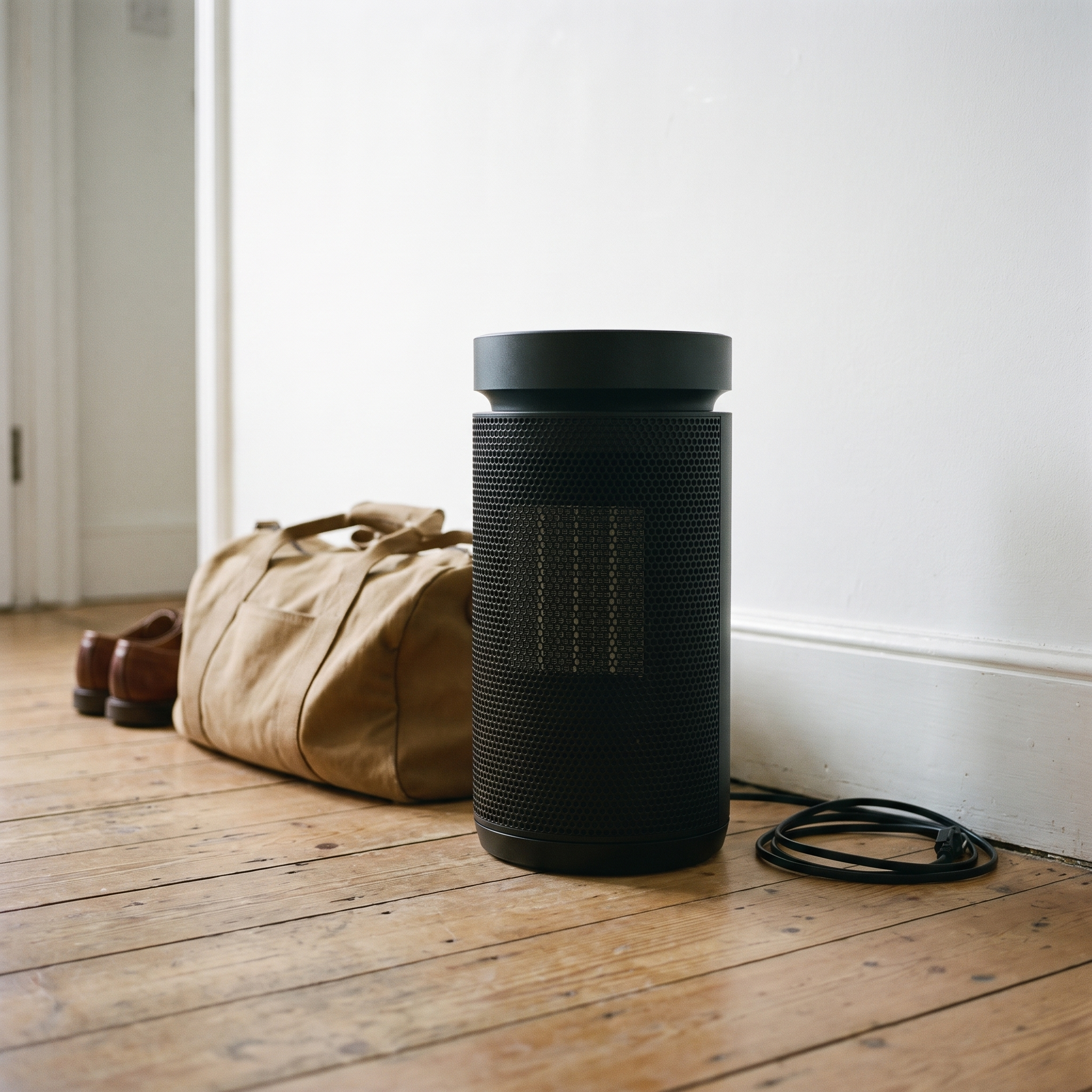 
              Morven Hearth Compact beside a holdall in a hallway, small enough to carry in one hand
            