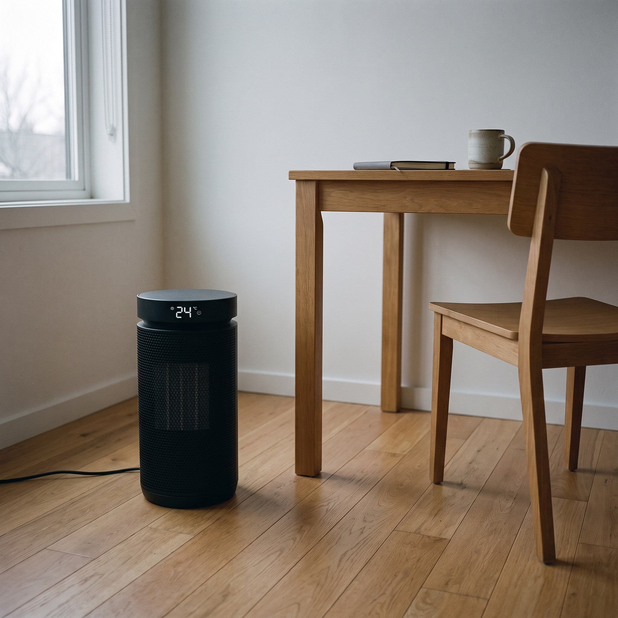 
              Morven Hearth Compact space heater beside a desk in a small home office
            