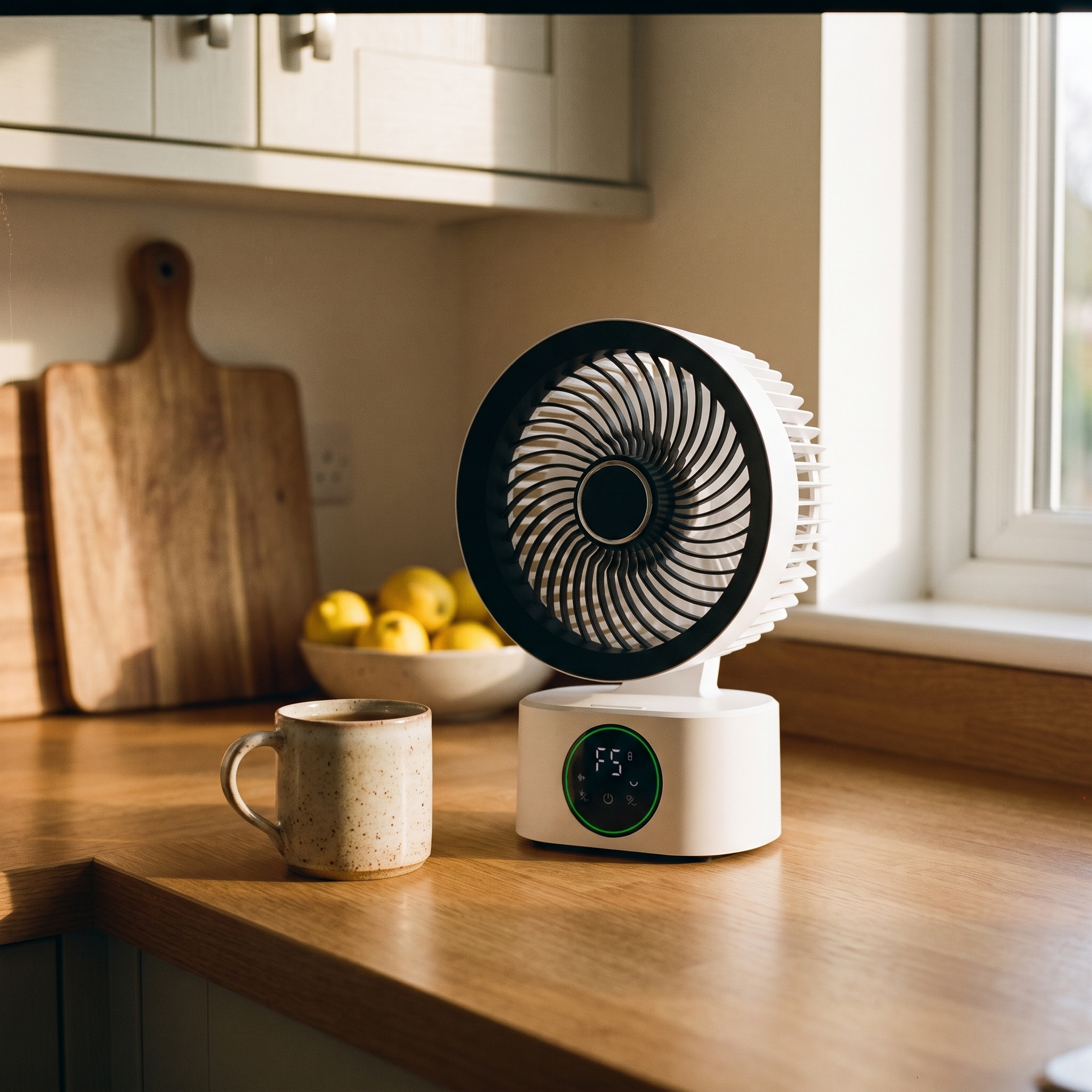
              Morven Drift rechargeable desk fan on a kitchen worktop
            