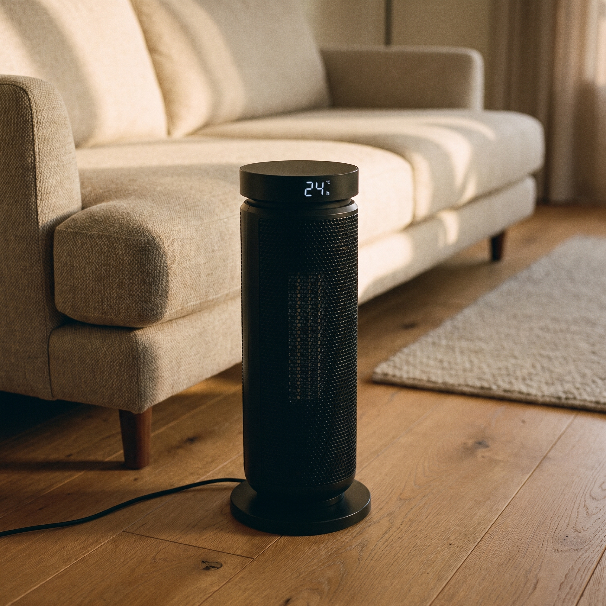 
              Morven Hearth space heater beside a sofa in a living room
            