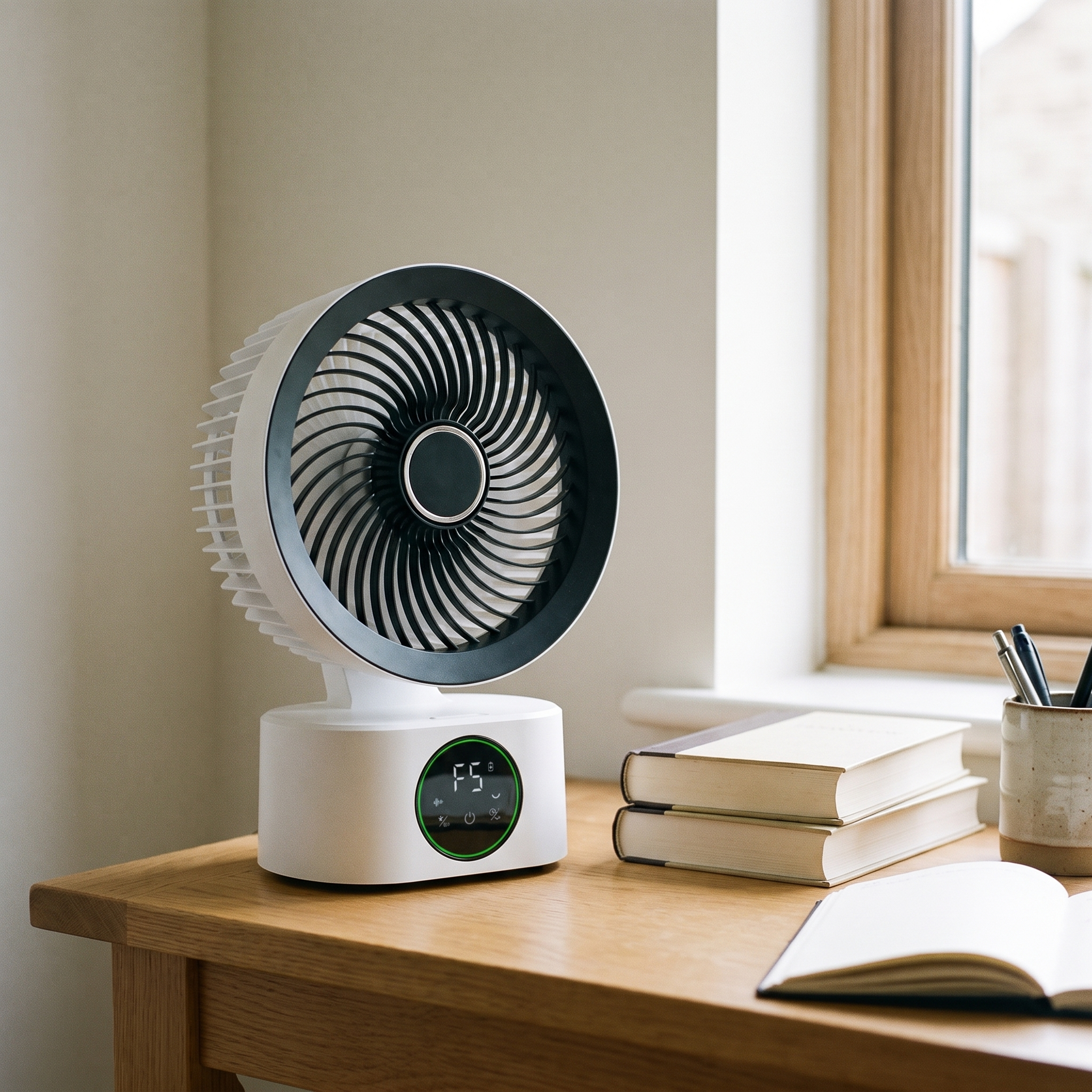 
              Morven Drift desk fan on a desk with its head tilted upward
            