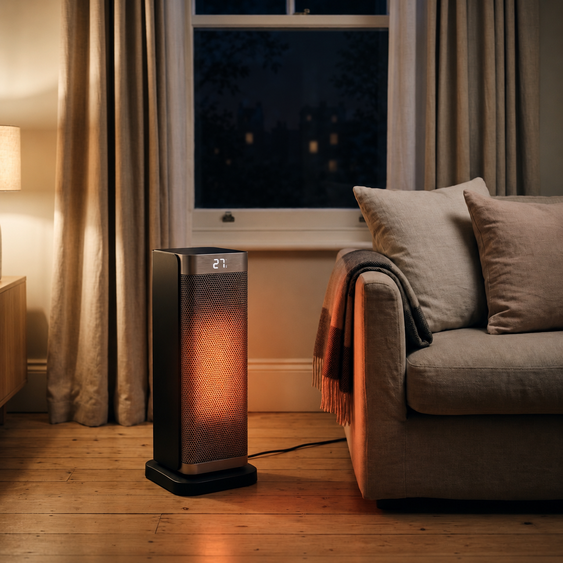 Morven Ingleside space heater beside a sofa in a living room in the evening