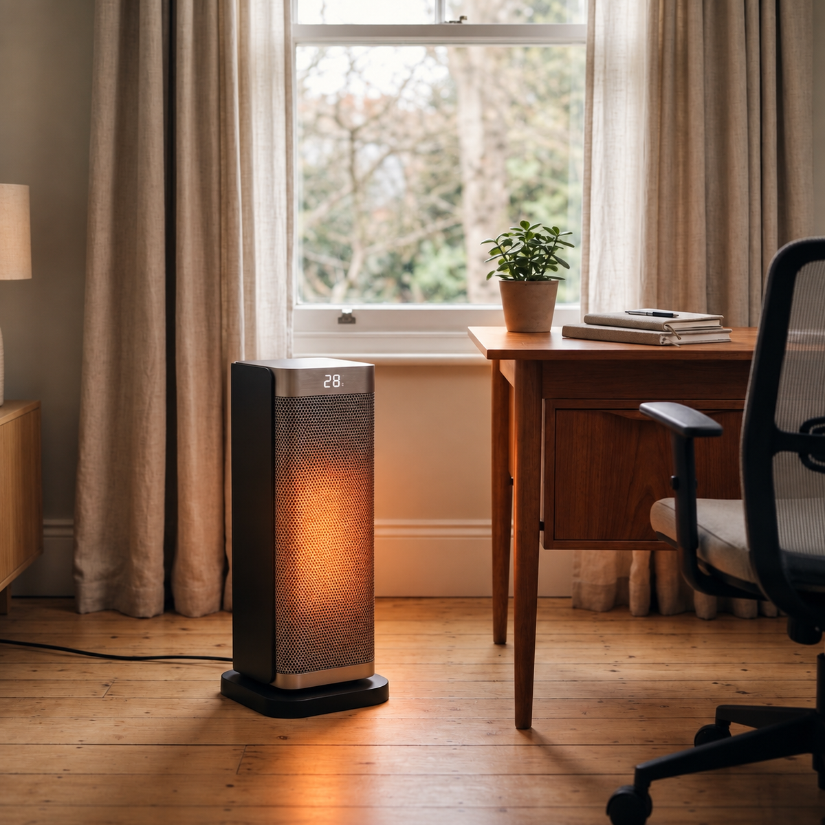 Morven Ingleside space heater beside a desk in a home office