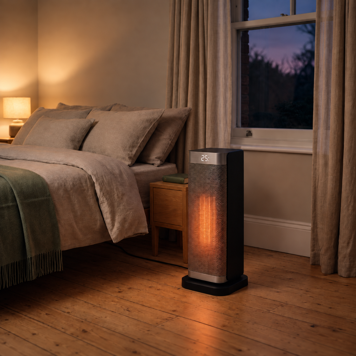 Morven Ingleside space heater beside a bed in a bedroom at dusk