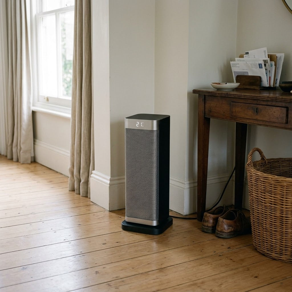 Morven Ingleside space heater in a hallway beside a console table