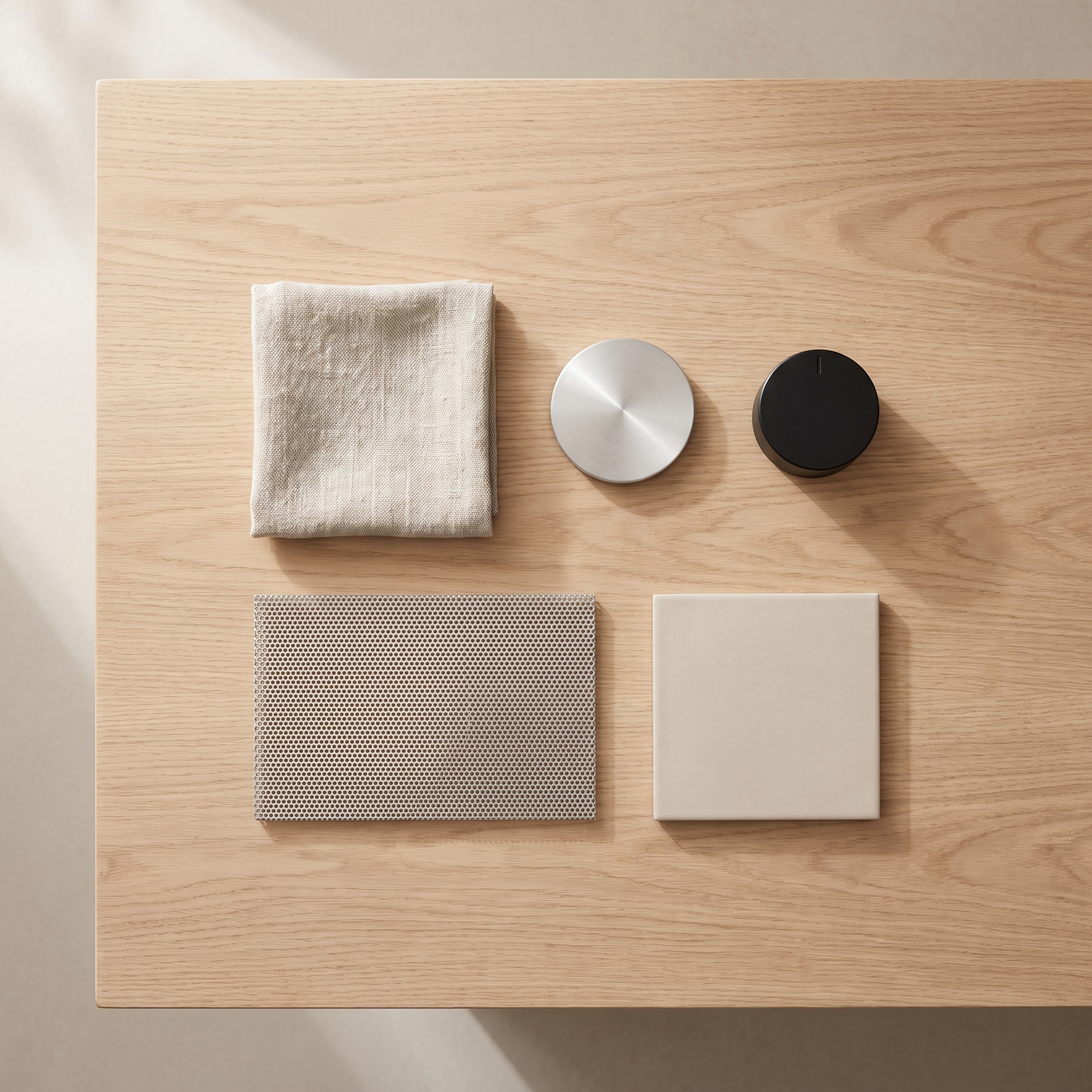
              Overhead view of Morven material samples: linen, brushed aluminium, a matte black control, perforated mesh and a ceramic tile on pale oak
            