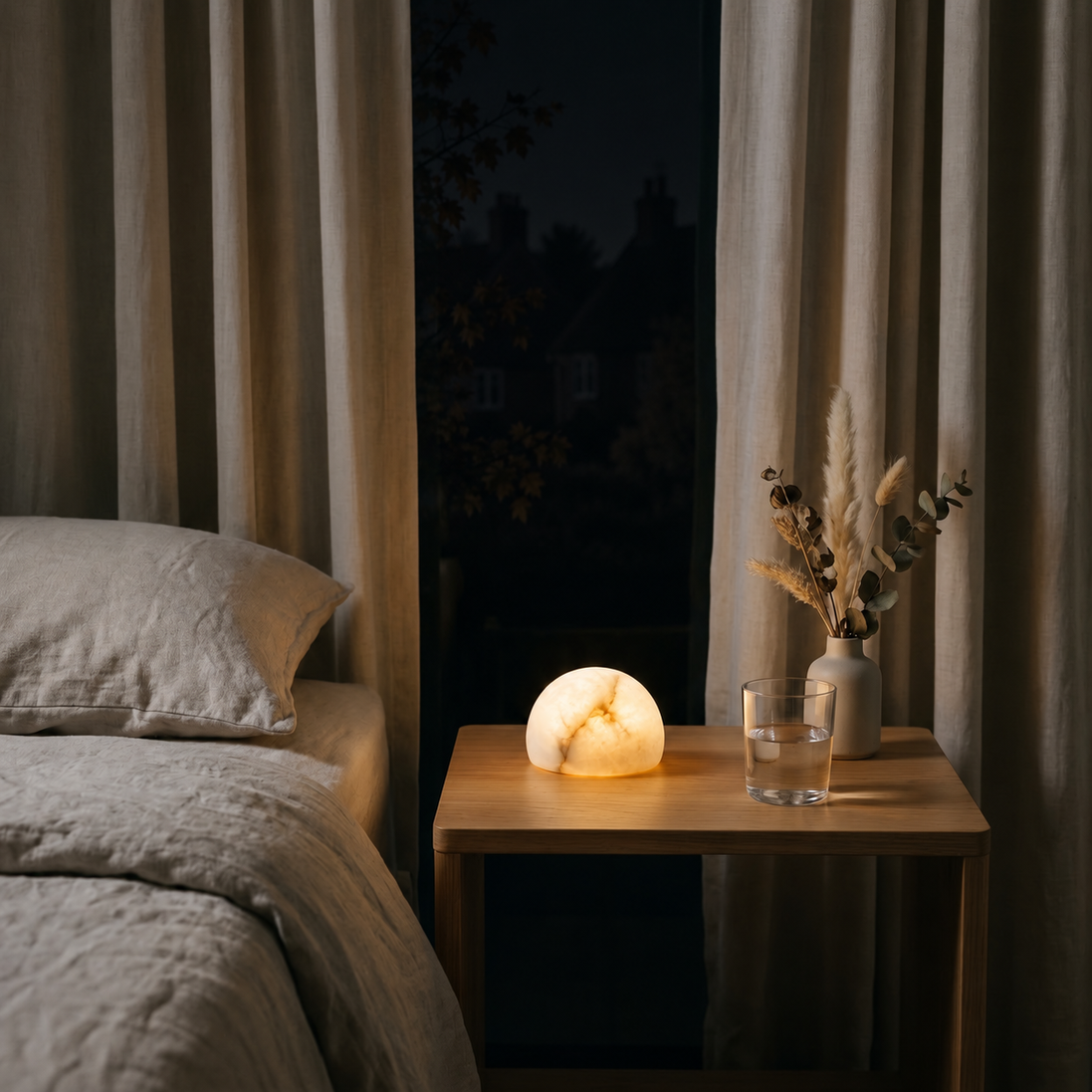 Morven Opaline alabaster lamp lit on a bedside table beside a bed