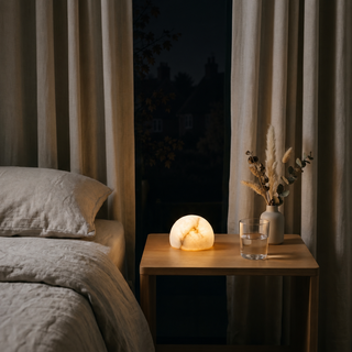 Morven Opaline alabaster lamp lit on a bedside table beside a bed