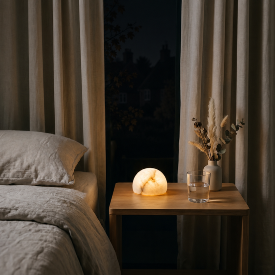 Morven Opaline alabaster lamp lit on a bedside table beside a bed
