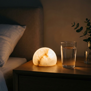 Morven Opaline alabaster lamp lit on a bedside table beside a glass of water