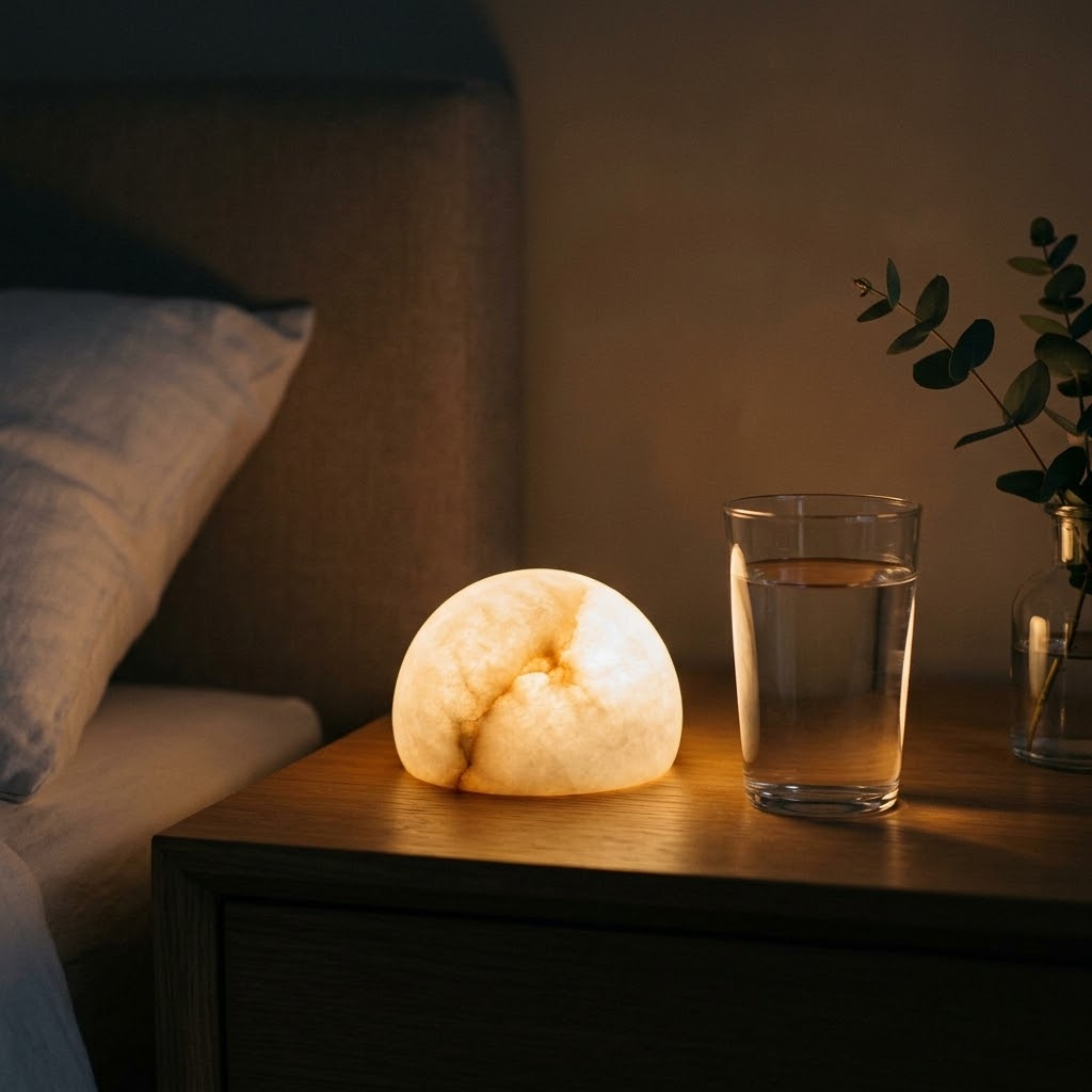 Morven Opaline alabaster lamp lit on a bedside table beside a glass of water