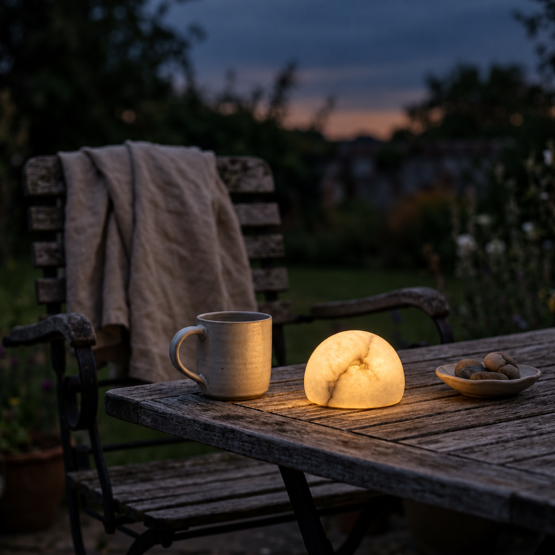 Morven Opaline alabaster lamp lit on an outdoor table at dusk