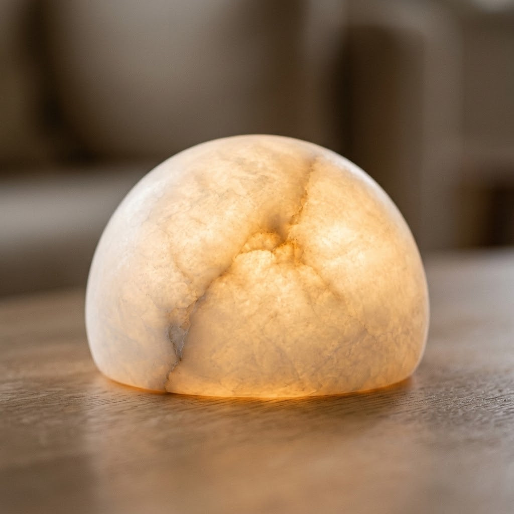 Close view of the Morven Opaline alabaster lamp glowing through the stone