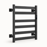 Morven Rail carbon fibre heated towel rail in black, front view on a plain background