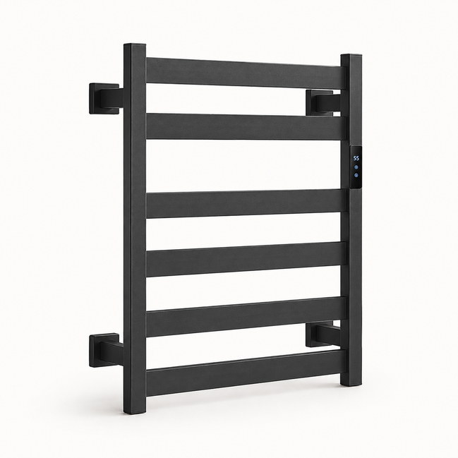 Morven Rail carbon fibre heated towel rail in black, front view on a plain background