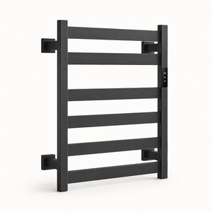 Morven Rail carbon fibre heated towel rail in black, front view on a plain background