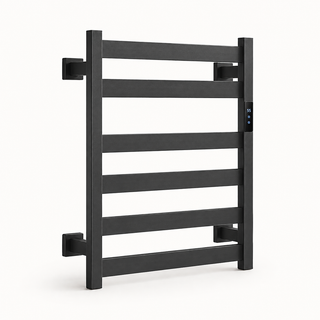 Morven Rail carbon fibre heated towel rail in black, front view on a plain background