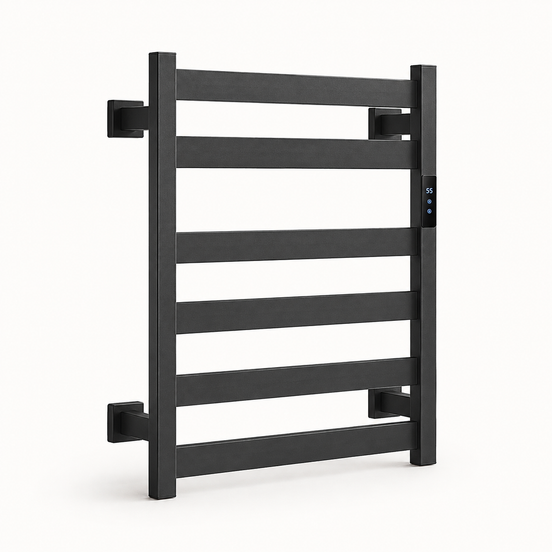 Morven Rail carbon fibre heated towel rail in black, front view on a plain background