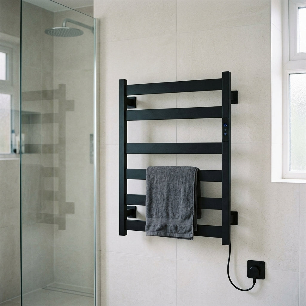 Morven Rail heated towel rail mounted beside a shower enclosure