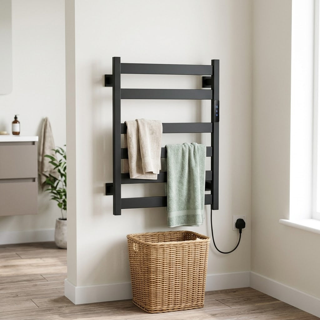 Morven Rail heated towel rail on a bathroom wall beside woven storage baskets