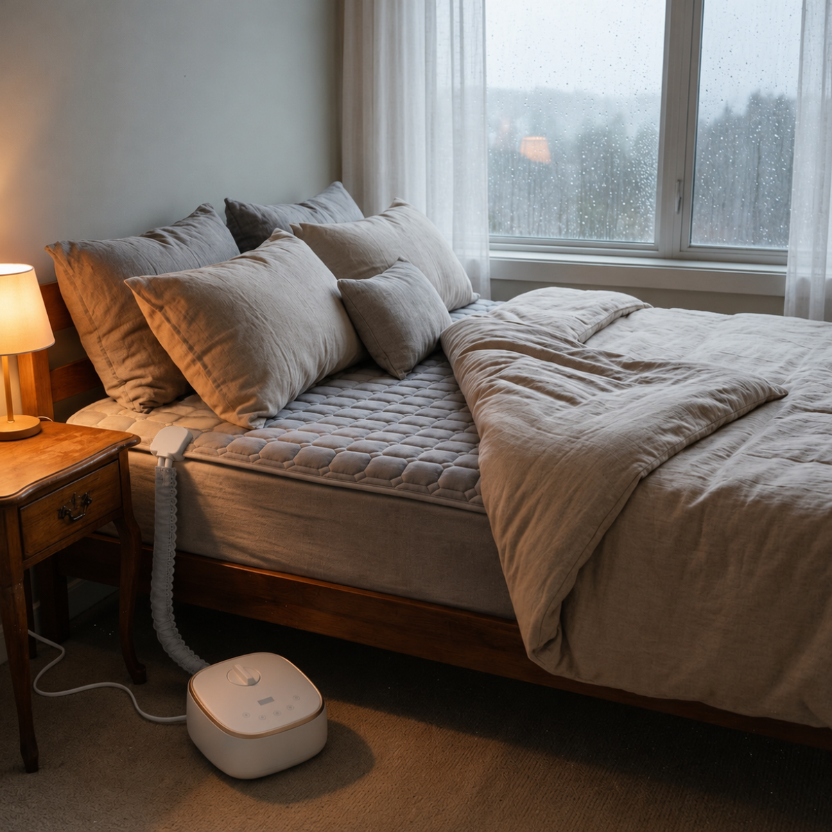 Morven Rest heated mattress pad on a made bed beside a window
