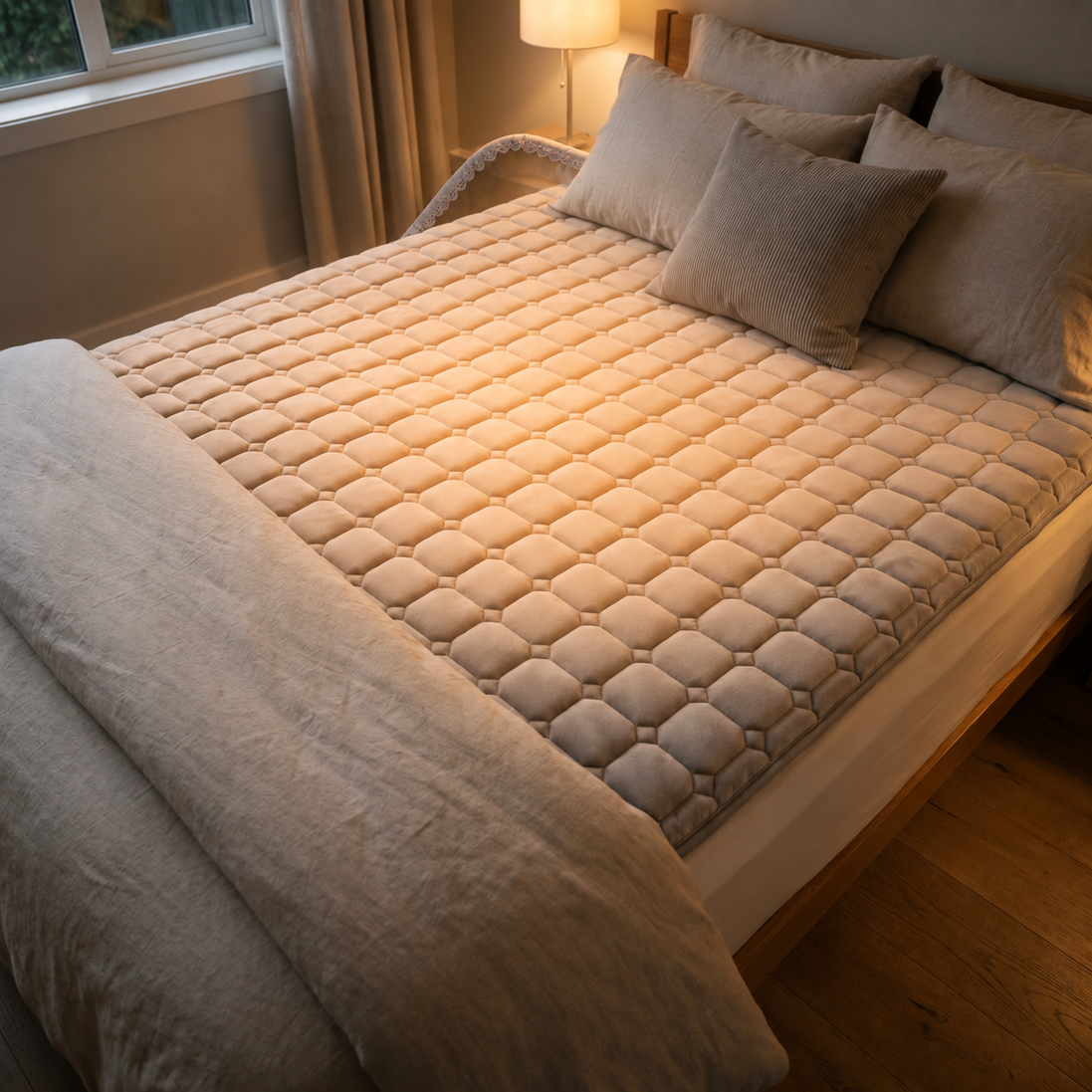 Morven Rest heated mattress pad on a bed, shown warming