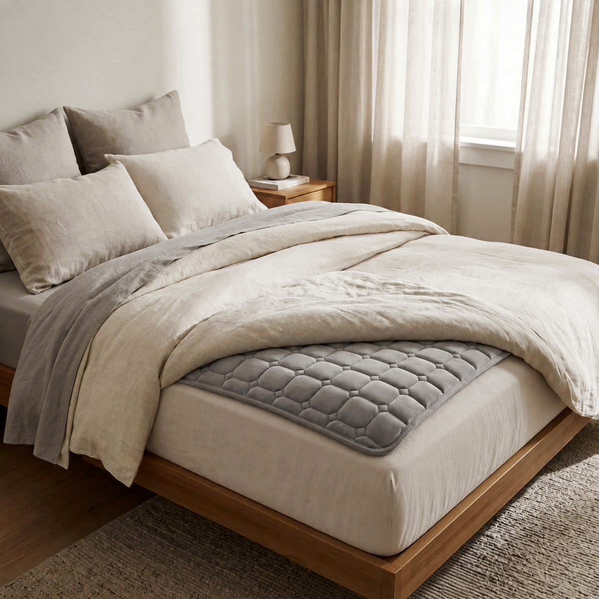 Morven Rest heated mattress pad laid over a mattress in a bedroom