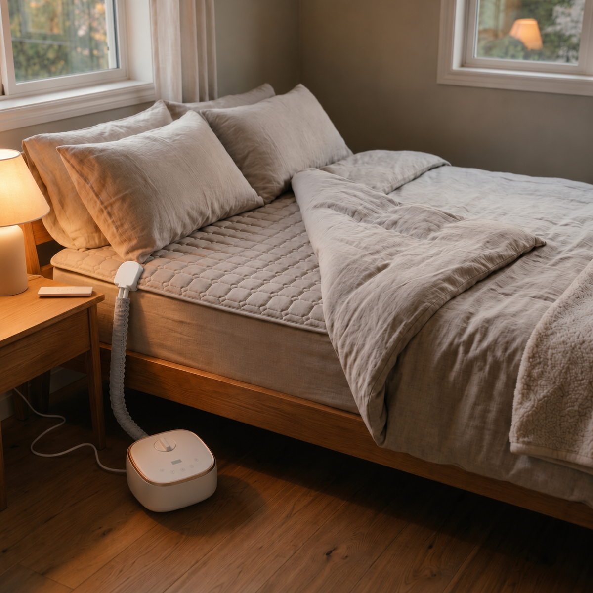 Morven Rest heated mattress pad fitted to a bed with its controller beside it