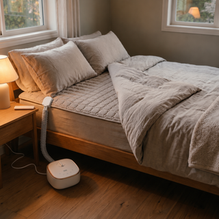 Morven Rest heated mattress pad fitted to a bed with its controller beside it