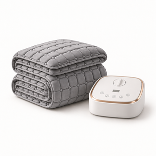 Morven Rest heated mattress pad in grey, folded with its controller, on a plain background