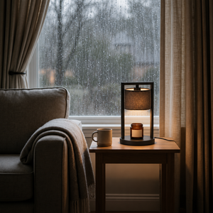 Morven Scrim candle warmer lamp lit on a side table beside a rainy window