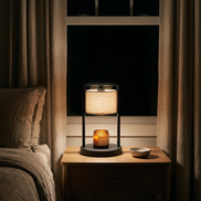 Morven Scrim candle warmer lamp lit on a bedside table at night