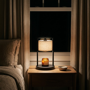 Morven Scrim candle warmer lamp lit on a bedside table at night