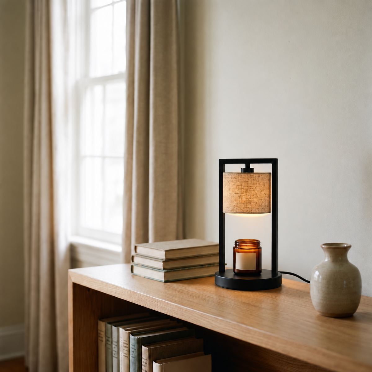 Morven Scrim candle warmer lamp lit on a desk beside a stack of books