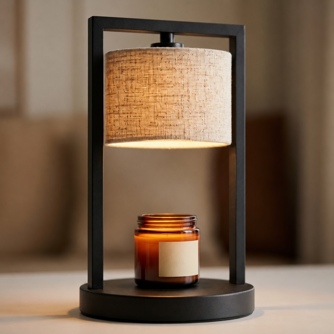Close view of the Morven Scrim candle warmer lamp warming a candle beneath its shade
