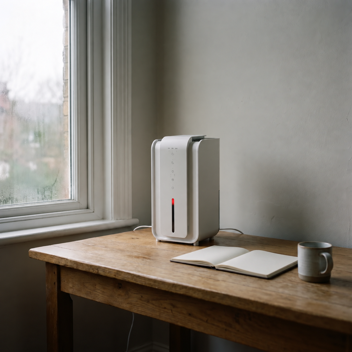 Morven Sprig compact dehumidifier on a desk beside a misted window